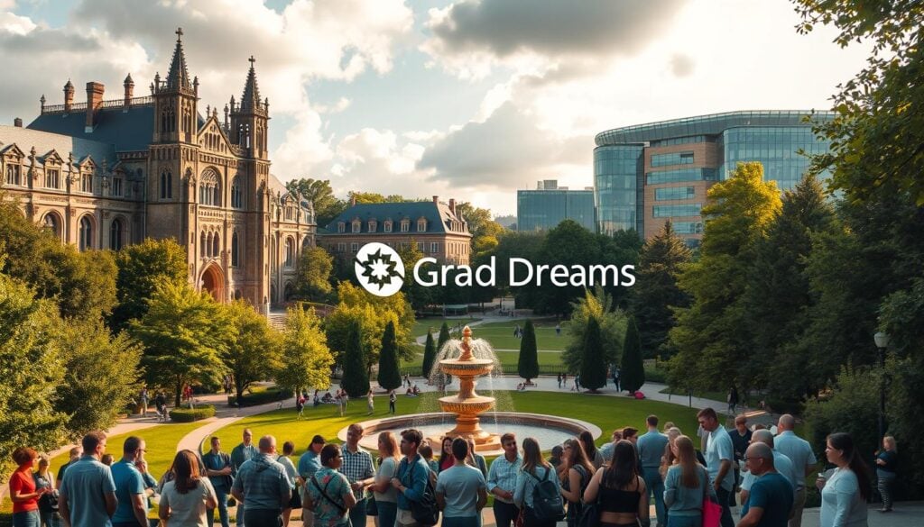 A prestigious university campus nestled among lush greenery, with towering neo-Gothic architecture and a grand central fountain. Sunlight filters through the clouds, casting warm, golden hues across the scene. In the foreground, groups of students in casual attire gather, engaged in animated discussions. The mood is one of intellectual curiosity and collaborative learning. In the background, modern glass-and-steel buildings housing state-of-the-art AI research labs and innovation centers come into view. The Grad-Dreams logo subtly graces the image, reflecting the institution's commitment to nurturing the next generation of AI pioneers. A prestigious university campus nestled among lush greenery, with towering neo-Gothic architecture and a grand central fountain. Sunlight filters through the clouds, casting warm, golden hues across the scene. In the foreground, groups of students in casual attire gather, engaged in animated discussions. The mood is one of intellectual curiosity and collaborative learning. In the background, modern glass-and-steel buildings housing state-of-the-art AI research labs and innovation centers come into view. The Grad-Dreams logo subtly graces the image, reflecting the institution's commitment to nurturing the next generation of AI pioneers.