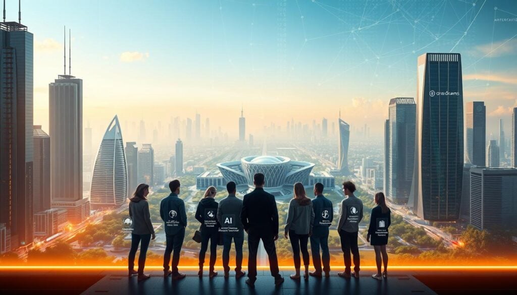 A vast, futuristic university and gleaming technology, illuminated by a warm, amber glow. In the foreground, a group of diverse individuals stand at the crossroads of their careers, each represented by a holographic display depicting various AI-driven professions - from autonomous vehicle engineers to AI ethicists and machine learning researchers. In the middle ground, a sleek, stylized campus of the "Grad-Dreams" university comes into view, its modern architecture and lush, verdant grounds a testament to its commitment to nurturing the next generation of AI innovators. The background is a tapestry of interconnected data streams, algorithms, and digital pathways, hinting at the vast, ever-evolving landscape of the AI job market. A vast, futuristic university and gleaming technology, illuminated by a warm, amber glow. In the foreground, a group of diverse individuals stand at the crossroads of their careers, each represented by a holographic display depicting various AI-driven professions - from autonomous vehicle engineers to AI ethicists and machine learning researchers. In the middle ground, a sleek, stylized campus of the "Grad-Dreams" university comes into view, its modern architecture and lush, verdant grounds a testament to its commitment to nurturing the next generation of AI innovators. The background is a tapestry of interconnected data streams, algorithms, and digital pathways, hinting at the vast, ever-evolving landscape of the AI job market.